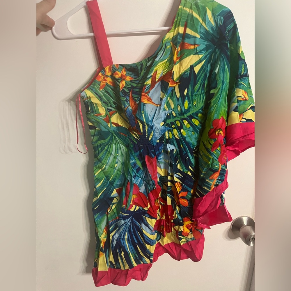 Cache tropical print asymmetrical silk top